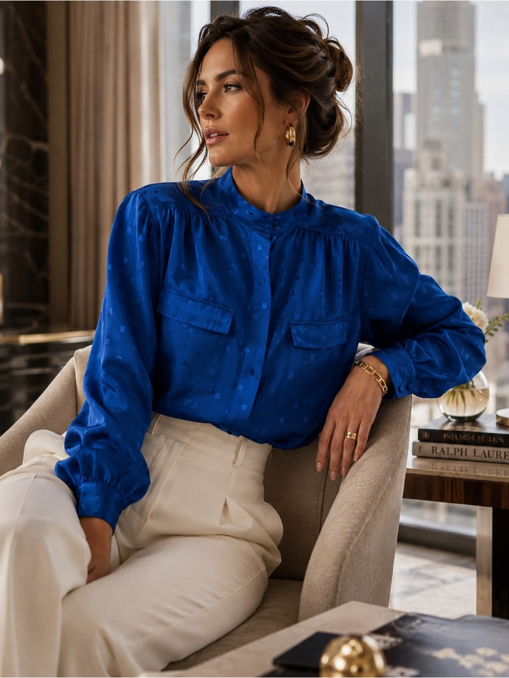 Vintage Alisa Cobalt Blue Jacquard Blouse 80s  Satin Button Front Women Size 12